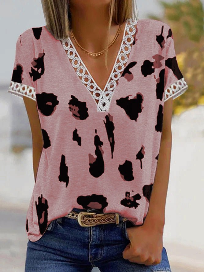 Women's T-Shirts V-Neck Leopard Print Lace Short Sleeve T-Shirt - T-Shirts - Instastyled | Online Fashion Free Shipping Clothing, Dresses, Tops, Shoes - 20-30 - 22/06/2022 - color-blue