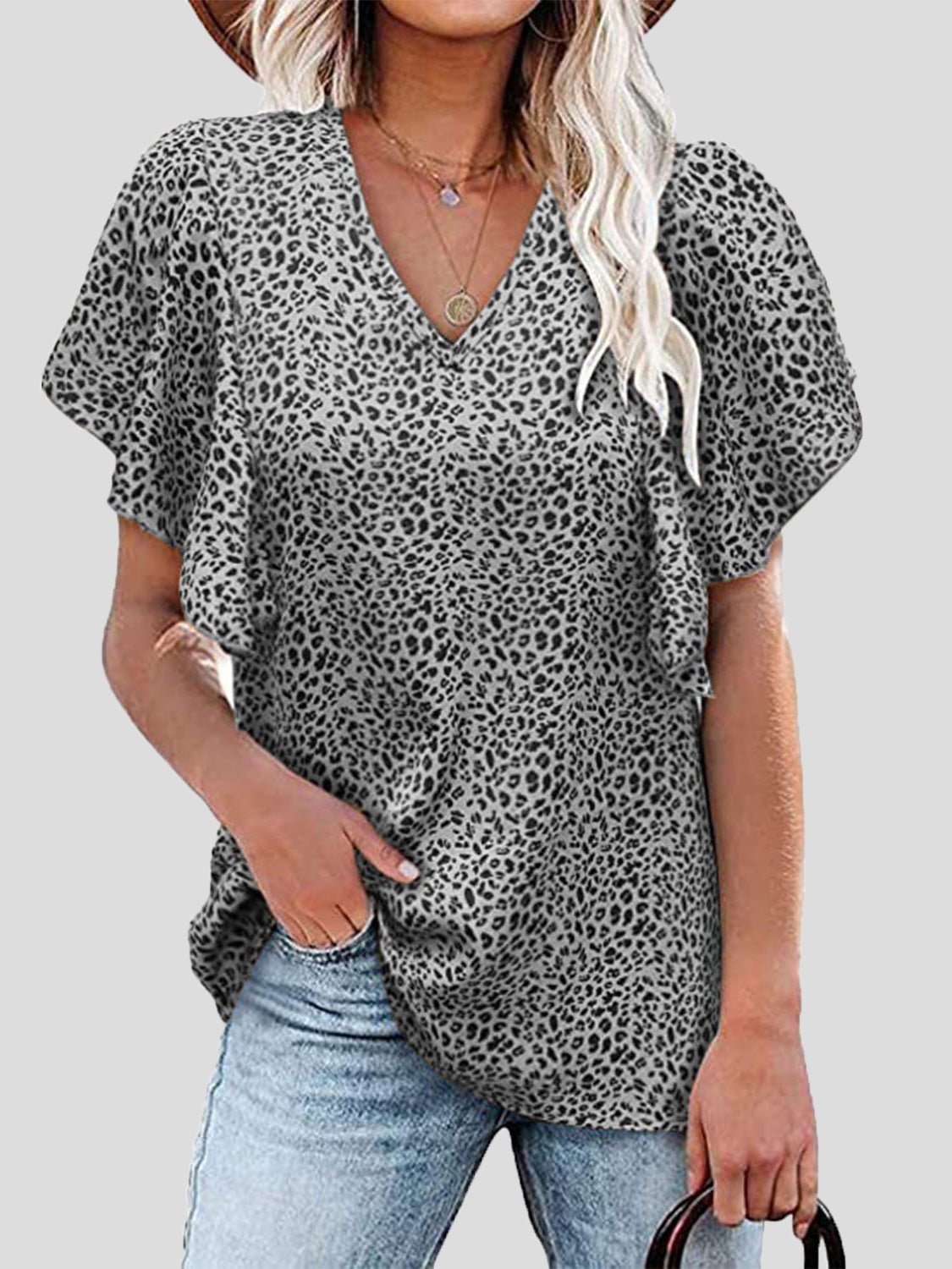 Women's T-Shirts V-Neck Leopard Print Short Sleeve T-Shirt - T-Shirts - Instastyled | Online Fashion Free Shipping Clothing, Dresses, Tops, Shoes - 20-30 - 20/07/2022 - color-gray