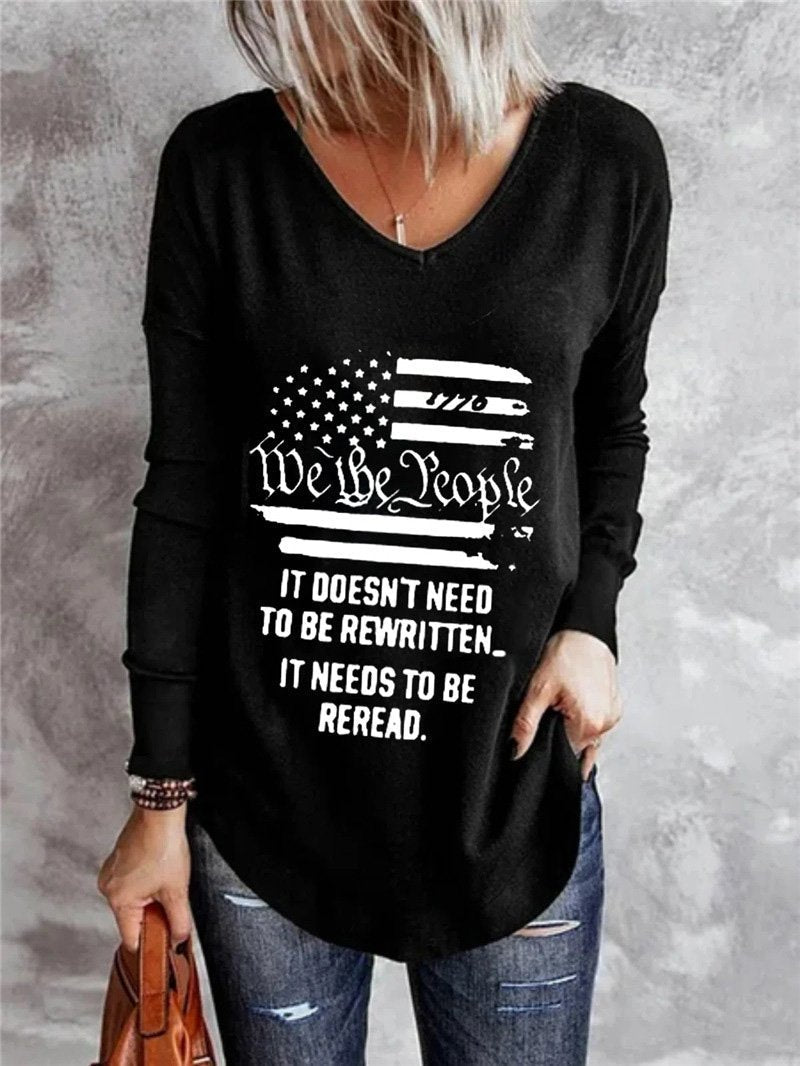 Women's T-Shirts V-Neck Letter Stripe Print Long Sleeve T-Shirt - T-Shirts - Instastyled | Online Fashion Free Shipping Clothing, Dresses, Tops, Shoes - 10/12/2021 - 20-30 - color-black