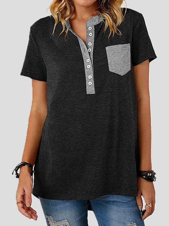 Women's T-Shirts V-Neck Panel Pocket Button Short Sleeve T-Shirt - T-Shirts - Instastyled | Online Fashion Free Shipping Clothing, Dresses, Tops, Shoes - 13/01/2022 - 20-30 - color-black