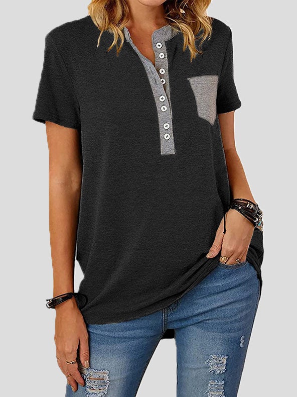 Women's T-Shirts V-Neck Panel Pocket Button Short Sleeve T-Shirt - T-Shirts - Instastyled | Online Fashion Free Shipping Clothing, Dresses, Tops, Shoes - 13/01/2022 - 20-30 - color-black