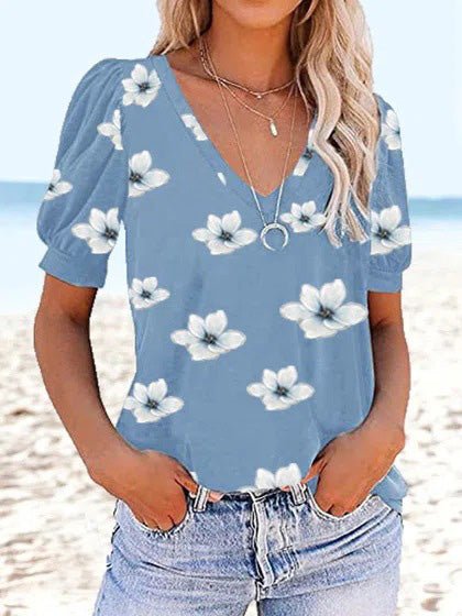 Women's T-Shirts V-Neck Print Puff Short Sleeve T-Shirt - T-Shirts - Instastyled | Online Fashion Free Shipping Clothing, Dresses, Tops, Shoes - 20-30 - 26/05/2022 - color-blue