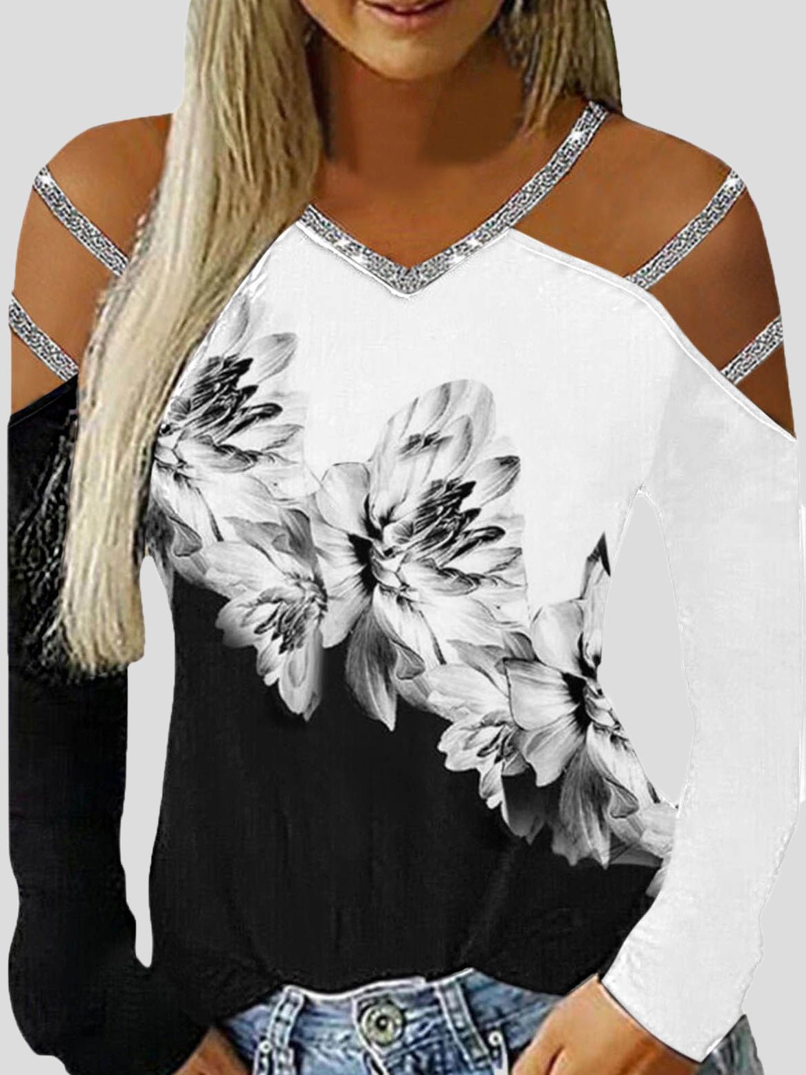 Women's T-Shirts V-Neck Printed Hollow Off Shoulder Long Sleeve T-Shirt - T-Shirts - Instastyled | Online Fashion Free Shipping Clothing, Dresses, Tops, Shoes - 19/07/2022 - Color_Black - HDL