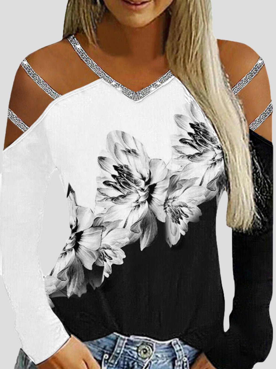 Women's T-Shirts V-Neck Printed Hollow Off Shoulder Long Sleeve T-Shirt - T-Shirts - Instastyled | Online Fashion Free Shipping Clothing, Dresses, Tops, Shoes - 19/07/2022 - Color_Black - HDL