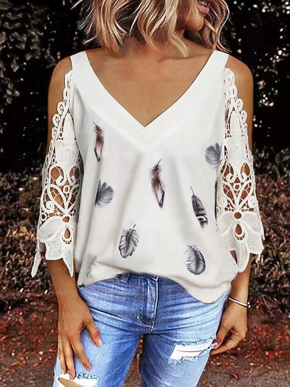 Women's T-Shirts V-Neck Printed Lace Off-Shoulder Sleeve T-Shirt - T-Shirts - Instastyled | Online Fashion Free Shipping Clothing, Dresses, Tops, Shoes - 20-30 - 28/04/2022 - color-white