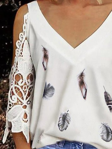 Women's T-Shirts V-Neck Printed Lace Off-Shoulder Sleeve T-Shirt - T-Shirts - Instastyled | Online Fashion Free Shipping Clothing, Dresses, Tops, Shoes - 20-30 - 28/04/2022 - color-white