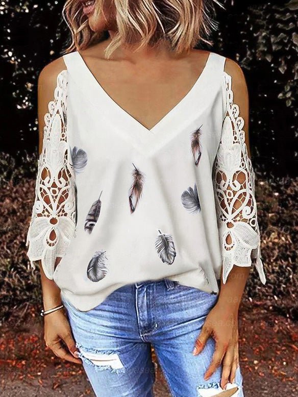 Women's T-Shirts V-Neck Printed Lace Off-Shoulder Sleeve T-Shirt - T-Shirts - Instastyled | Online Fashion Free Shipping Clothing, Dresses, Tops, Shoes - 20-30 - 28/04/2022 - color-white