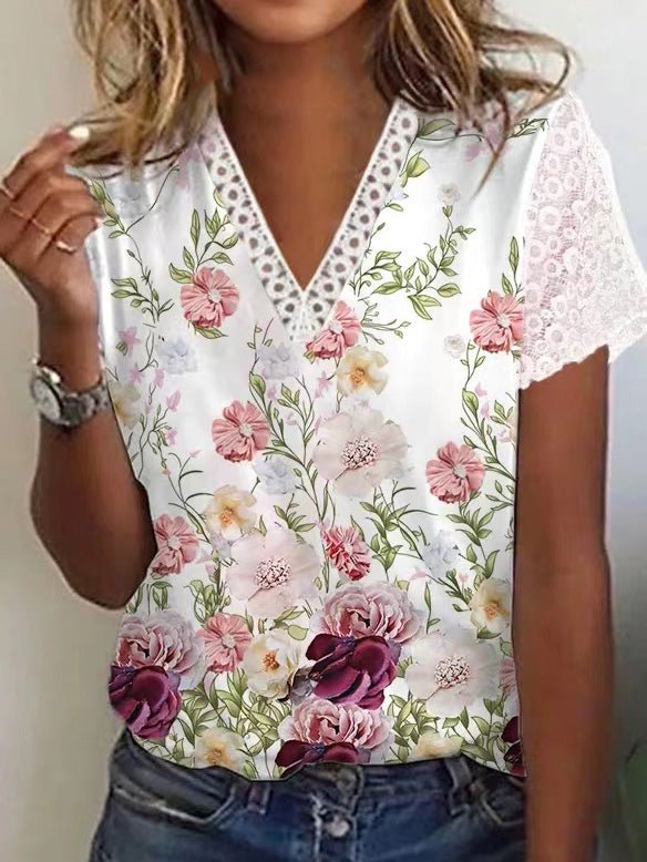 Women's T-Shirts V-Neck Printed Lace Short Sleeve T-Shirt - T-Shirts - Instastyled | Online Fashion Free Shipping Clothing, Dresses, Tops, Shoes - 13/06/2022 - 20-30 - color-white