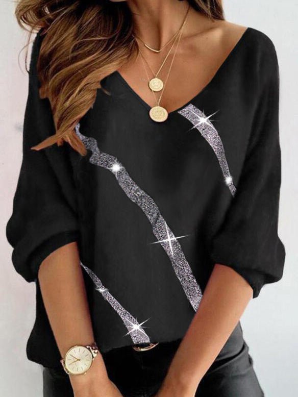 Women's T-Shirts V-Neck Printed Long Sleeve T-Shirt - T-Shirts - Instastyled | Online Fashion Free Shipping Clothing, Dresses, Tops, Shoes - 07/03/2022 - 20-30 - color-black