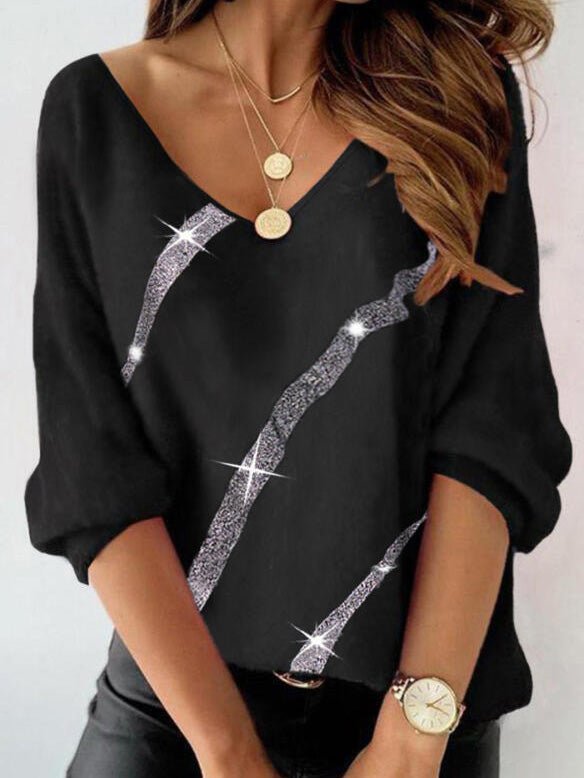 Women's T-Shirts V-Neck Printed Long Sleeve T-Shirt - T-Shirts - Instastyled | Online Fashion Free Shipping Clothing, Dresses, Tops, Shoes - 07/03/2022 - 20-30 - color-black