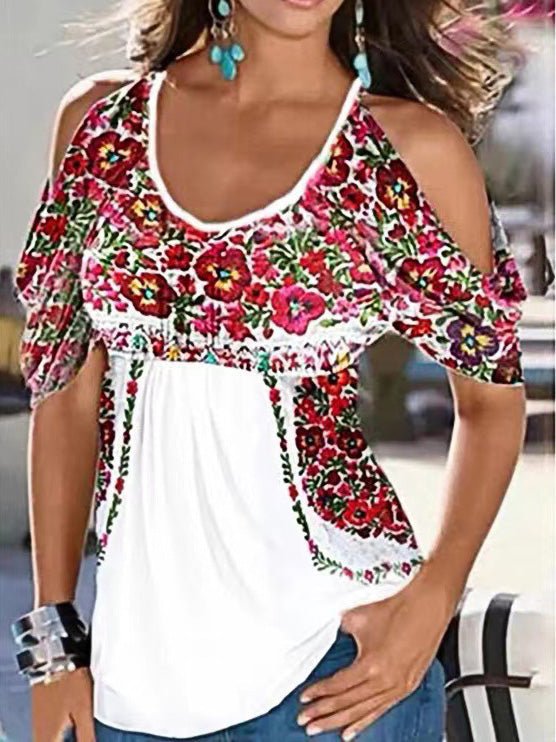 Women's T-Shirts V-Neck Printed Off The Shoulder Short Sleeve T-Shirt - T-Shirts - Instastyled | Online Fashion Free Shipping Clothing, Dresses, Tops, Shoes - 20-30 - 22/02/2022 - color-black