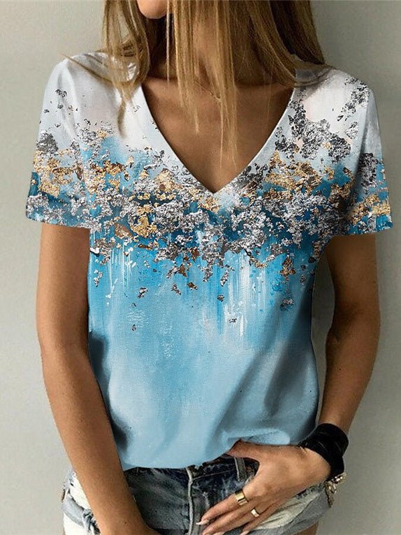 Women's T-Shirts V-Neck Printed Short Sleeve T-Shirt - T-Shirts - Instastyled | Online Fashion Free Shipping Clothing, Dresses, Tops, Shoes - 13/04/2022 - 20-30 - color-blue