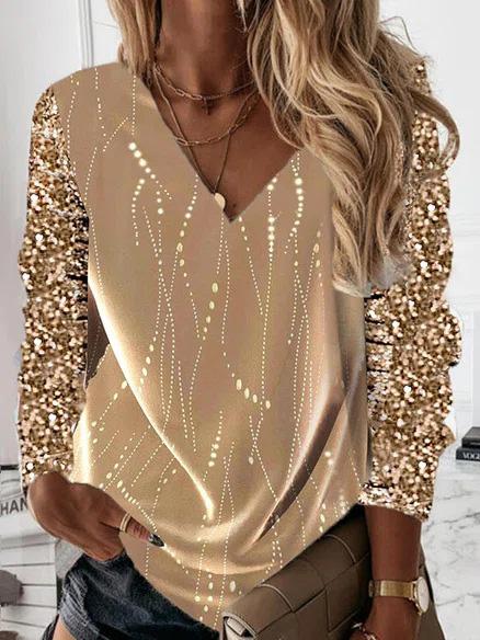 Women's T-Shirts V-Neck Sequined Long Sleeve T-Shirt - T-Shirts - Instastyled | Online Fashion Free Shipping Clothing, Dresses, Tops, Shoes - 14/12/2021 - 20-30 - color-black