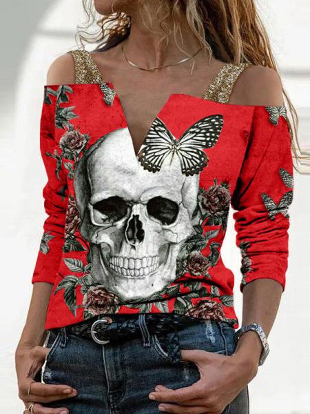 Women's T-Shirts V-Neck Skull Print Suspender Long Sleeve T-Shirt - T-Shirts - INS | Online Fashion Free Shipping Clothing, Dresses, Tops, Shoes - 02/09/2021 - 20-30 - Category_T-Shirts