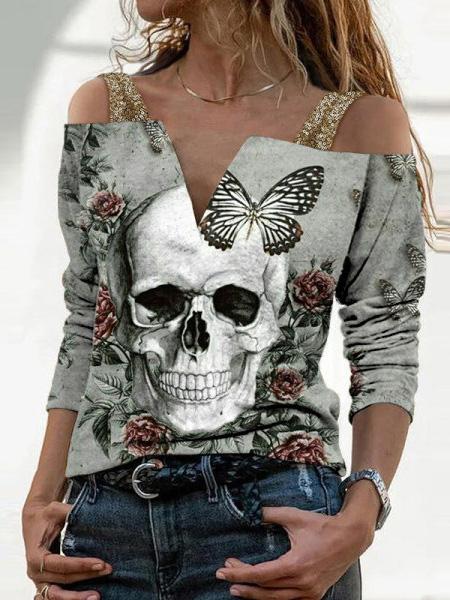 Women's T-Shirts V-Neck Skull Print Suspender Long Sleeve T-Shirt - T-Shirts - INS | Online Fashion Free Shipping Clothing, Dresses, Tops, Shoes - 02/09/2021 - 20-30 - Category_T-Shirts