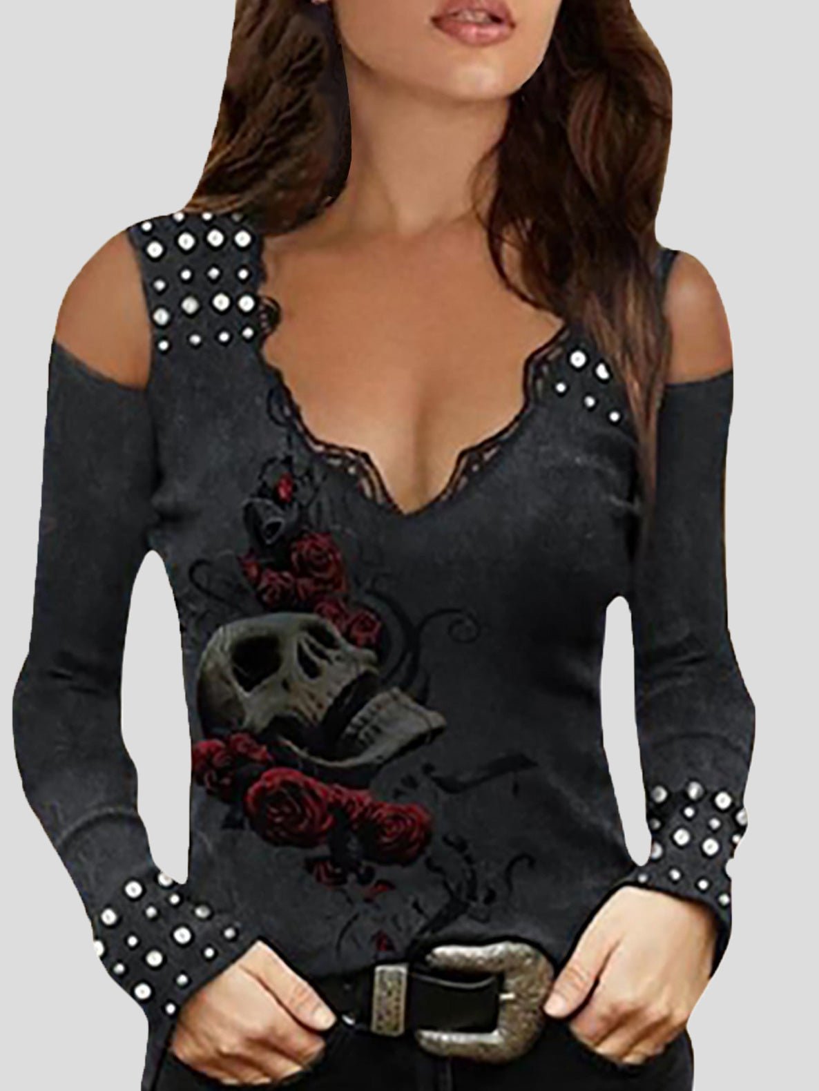 Women's T-Shirts V-Neck Skull Printed Off The Shoulder Long Sleeve T-Shirt - T-Shirts - Instastyled | Online Fashion Free Shipping Clothing, Dresses, Tops, Shoes - 20-30 - 21/03/2022 - color-black