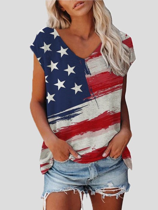 Women's T-Shirts V-Neck Star Stripe Print Short Sleeve T-Shirt - T-Shirts - Instastyled | Online Fashion Free Shipping Clothing, Dresses, Tops, Shoes - 14/06/2022 - 20-30 - color-blue