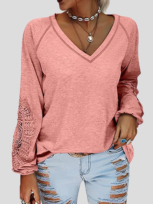 Women's T-Shirts V-Neck Stitching Lace Lantern Long Sleeve T-Shirt - T-Shirts - INS | Online Fashion Free Shipping Clothing, Dresses, Tops, Shoes - 11/11/2021 - 20-30 - color-black