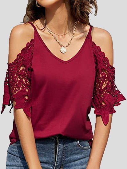 Women's T-Shirts V-Neck Suspenders Off Shoulder Lace Sleeve T-Shirt - T-Shirts - Instastyled | Online Fashion Free Shipping Clothing, Dresses, Tops, Shoes - 20-30 - 21/04/2022 - color-black