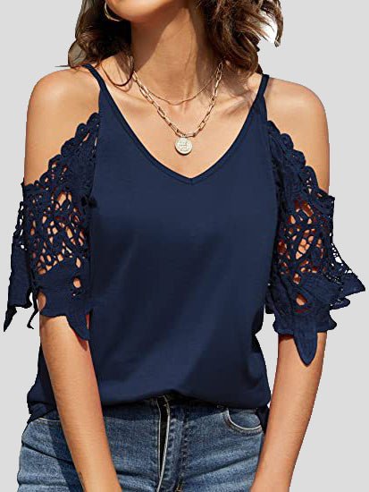 Women's T-Shirts V-Neck Suspenders Off Shoulder Lace Sleeve T-Shirt - T-Shirts - Instastyled | Online Fashion Free Shipping Clothing, Dresses, Tops, Shoes - 20-30 - 21/04/2022 - color-black