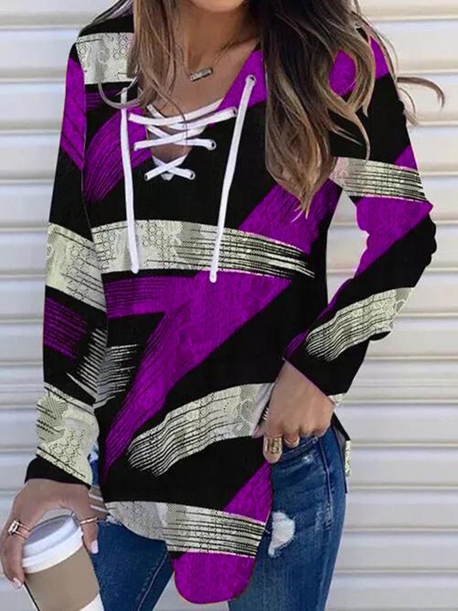 Women's T-Shirts V-Neck Tie Cloth Printed Long Sleeve T-Shirt - T-Shirts - INS | Online Fashion Free Shipping Clothing, Dresses, Tops, Shoes - 14/09/2021 - 20-30 - Category_T-Shirts