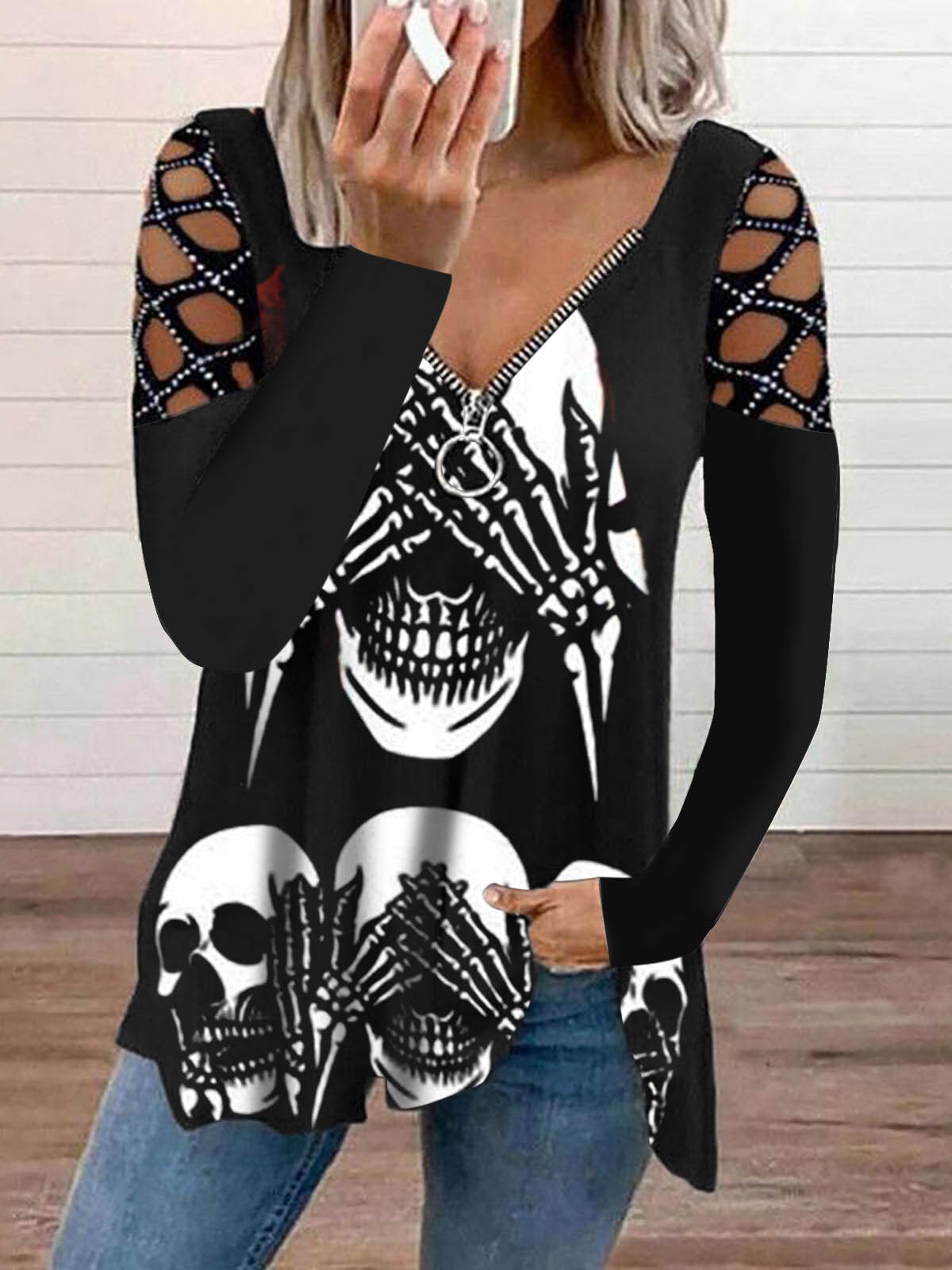 Women's T-Shirts V-Neck Zip Hollow Long Sleeve T-Shirt - T-Shirts - Instastyled | Online Fashion Free Shipping Clothing, Dresses, Tops, Shoes - 19/08/2022 - Color_Black - HDL