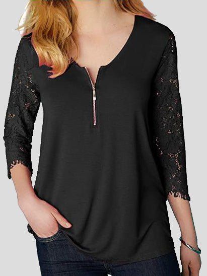 Women's T-Shirts V-Neck Zip Lace 3/4 Sleeve T-Shirt - T-Shirts - Instastyled | Online Fashion Free Shipping Clothing, Dresses, Tops, Shoes - 15/03/2022 - 20-30 - color-black