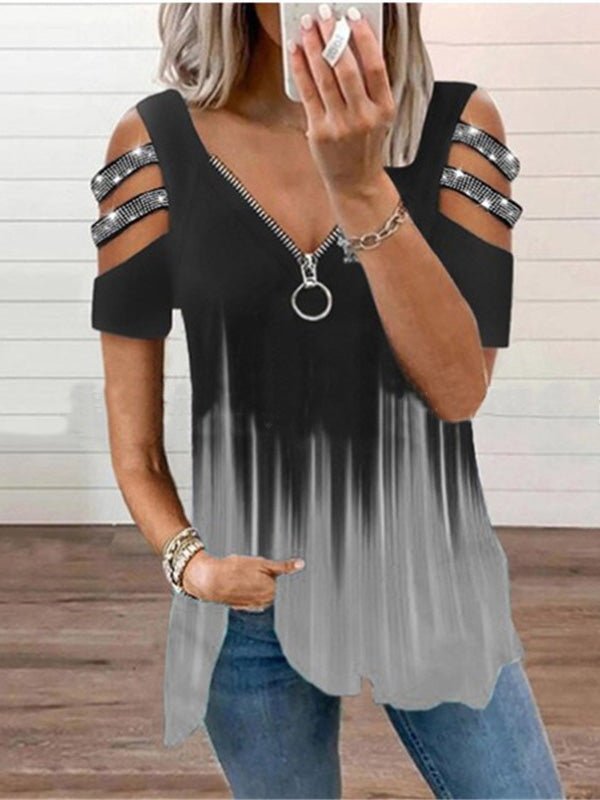 Women's T-Shirts V-Neck Zip Print Short Sleeve T-Shirt - T-Shirts - Instastyled | Online Fashion Free Shipping Clothing, Dresses, Tops, Shoes - 19/07/2022 - Color_Blue - Color_Gray