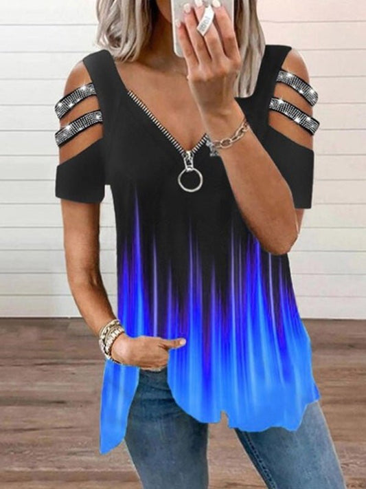 Women's T-Shirts V-Neck Zip Print Short Sleeve T-Shirt - T-Shirts - Instastyled | Online Fashion Free Shipping Clothing, Dresses, Tops, Shoes - 19/07/2022 - Color_Blue - Color_Gray