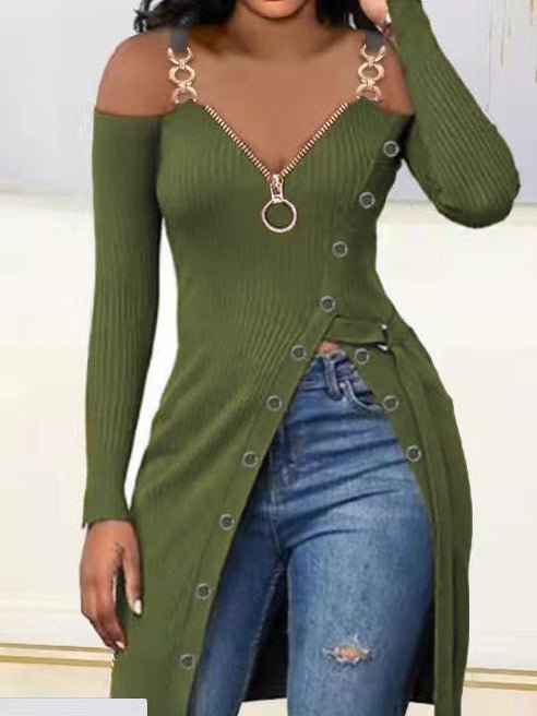 Women's T-Shirts V-Neck Zip Sling Long Sleeve High Slit T-Shirt - T-Shirts - Instastyled | Online Fashion Free Shipping Clothing, Dresses, Tops, Shoes - 21/02/2022 - 30-40 - color-army_green