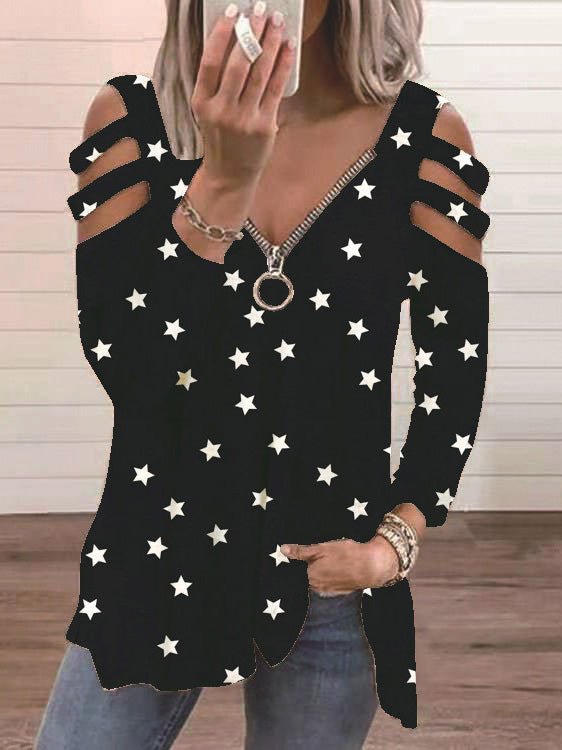 Women's T-Shirts V-Neck Zip Star Print Long Sleeve T-Shirt - T-Shirts - Instastyled | Online Fashion Free Shipping Clothing, Dresses, Tops, Shoes - 07/03/2022 - 20-30 - color-black