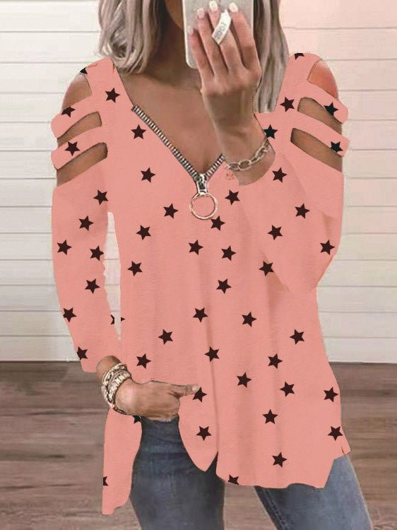 Women's T-Shirts V-Neck Zip Star Print Long Sleeve T-Shirt - T-Shirts - Instastyled | Online Fashion Free Shipping Clothing, Dresses, Tops, Shoes - 07/03/2022 - 20-30 - color-black