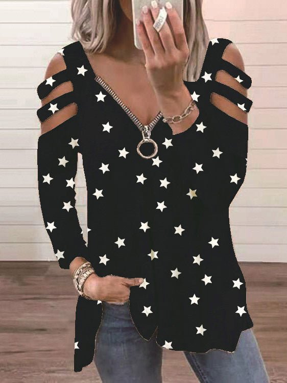 Women's T-Shirts V-Neck Zip Star Print Long Sleeve T-Shirt - T-Shirts - Instastyled | Online Fashion Free Shipping Clothing, Dresses, Tops, Shoes - 07/03/2022 - 20-30 - color-black