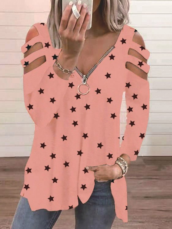 Women's T-Shirts V-Neck Zip Star Print Long Sleeve T-Shirt - T-Shirts - Instastyled | Online Fashion Free Shipping Clothing, Dresses, Tops, Shoes - 07/03/2022 - 20-30 - color-black