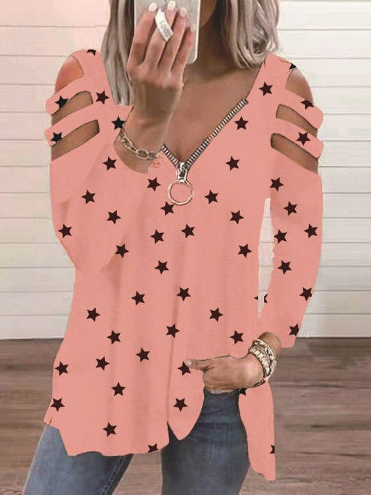 Women's T-Shirts V-Neck Zip Star Print Long Sleeve T-Shirt - T-Shirts - Instastyled | Online Fashion Free Shipping Clothing, Dresses, Tops, Shoes - 07/03/2022 - 20-30 - color-black