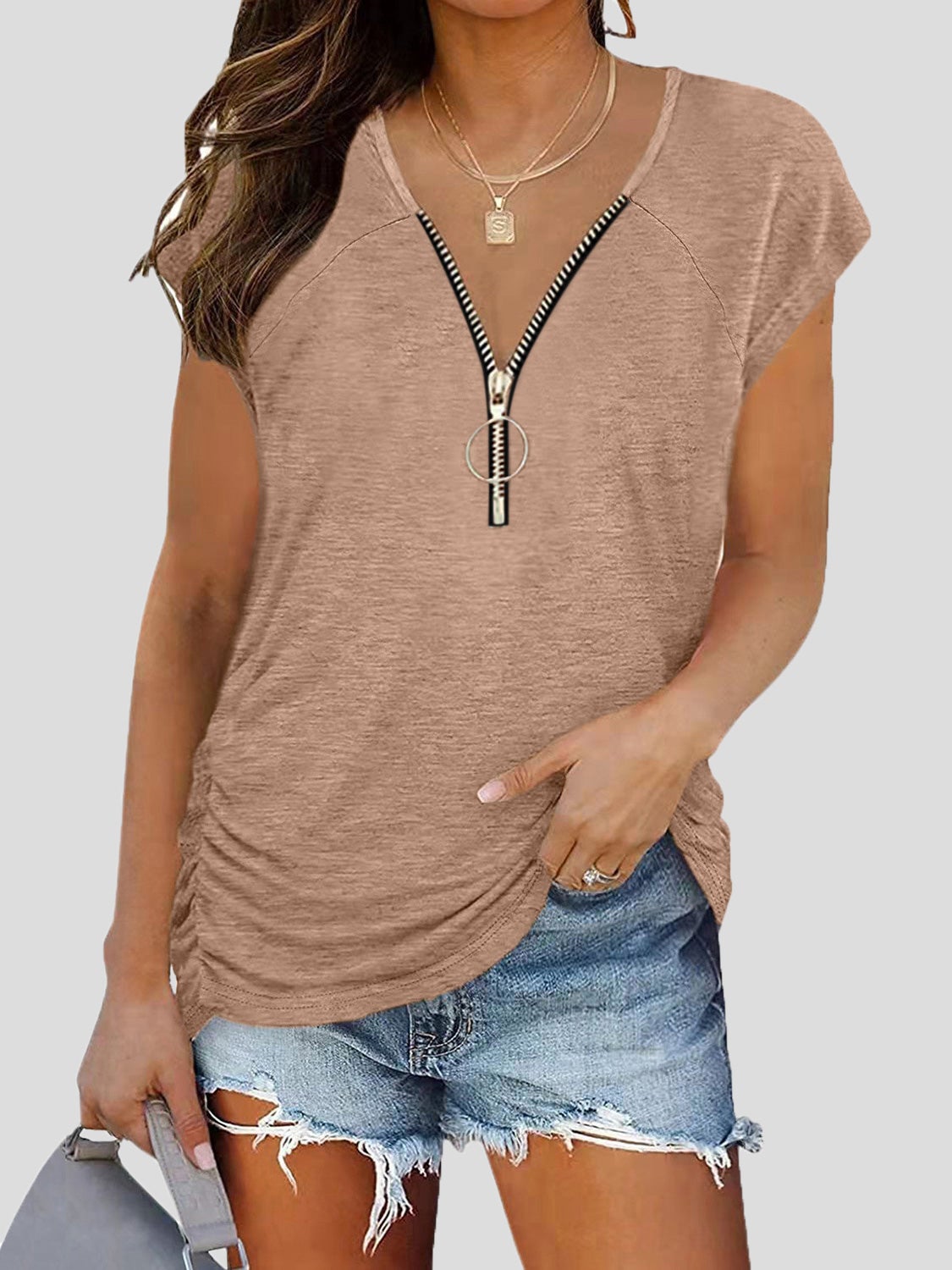 Women's T-Shirts V-Neck Zipped Short Sleeve T-Shirt - T-Shirts - Instastyled | Online Fashion Free Shipping Clothing, Dresses, Tops, Shoes - 04/01/2022 - 20-30 - color-black