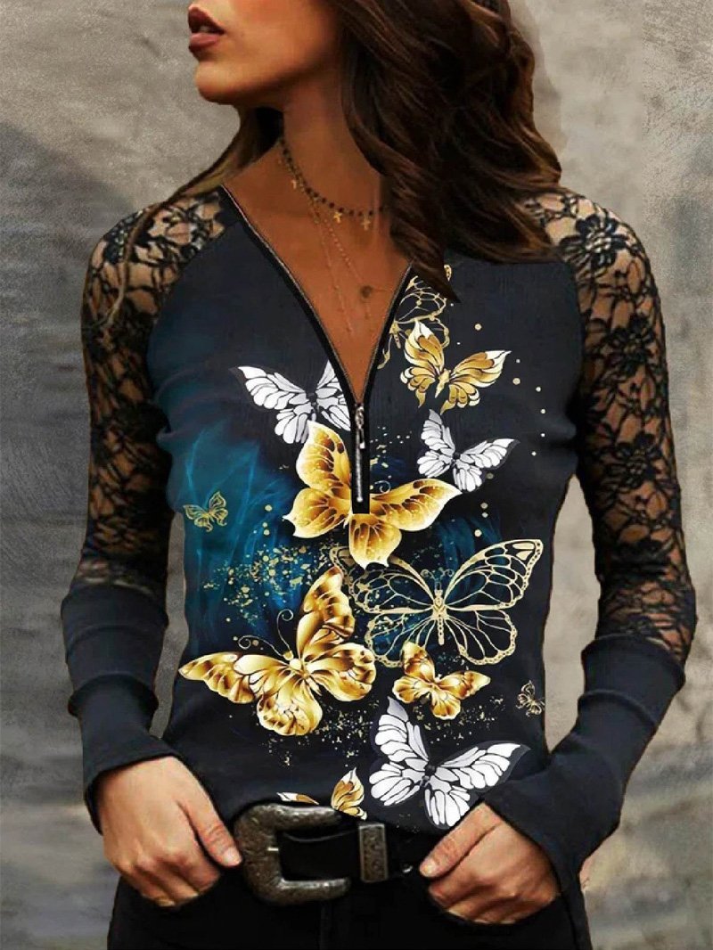 Women's T-Shirts V-Neck Zipper Butterfly Print Lace Long Sleeve T-Shirt - T-Shirts - Instastyled | Online Fashion Free Shipping Clothing, Dresses, Tops, Shoes - 15/12/2021 - 20-30 - color-black