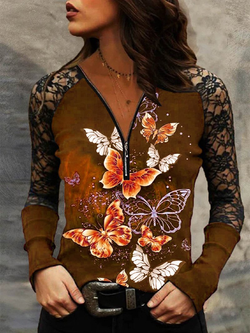 Women's T-Shirts V-Neck Zipper Butterfly Print Lace Long Sleeve T-Shirt - T-Shirts - Instastyled | Online Fashion Free Shipping Clothing, Dresses, Tops, Shoes - 15/12/2021 - 20-30 - color-black