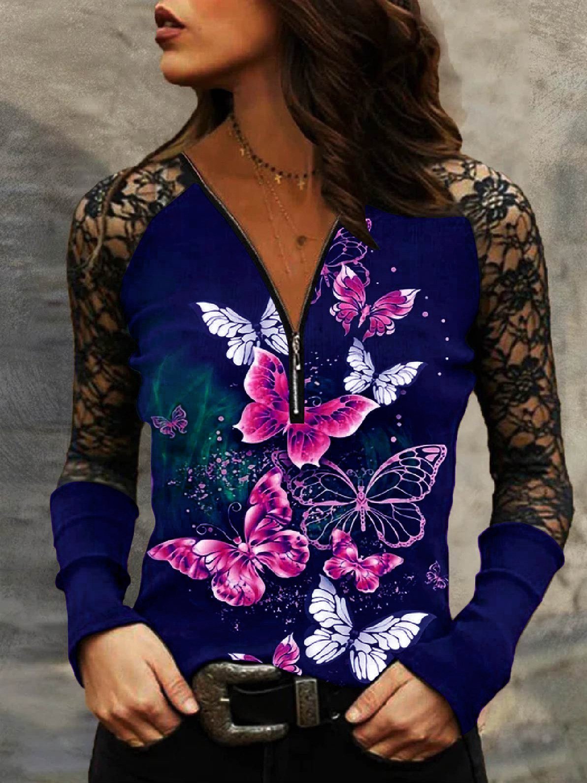 Women's T-Shirts V-Neck Zipper Butterfly Print Lace Long Sleeve T-Shirt - T-Shirts - Instastyled | Online Fashion Free Shipping Clothing, Dresses, Tops, Shoes - 15/12/2021 - 20-30 - color-black