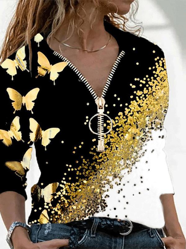 Women's T-Shirts V-Neck Zipper Butterfly Print Long Sleeve T-Shirt - T-Shirts - INS | Online Fashion Free Shipping Clothing, Dresses, Tops, Shoes - 10-20 - 10/08/2021 - Category_T-Shirts