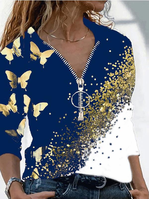 Women's T-Shirts V-Neck Zipper Butterfly Print Long Sleeve T-Shirt - T-Shirts - INS | Online Fashion Free Shipping Clothing, Dresses, Tops, Shoes - 10-20 - 10/08/2021 - Category_T-Shirts