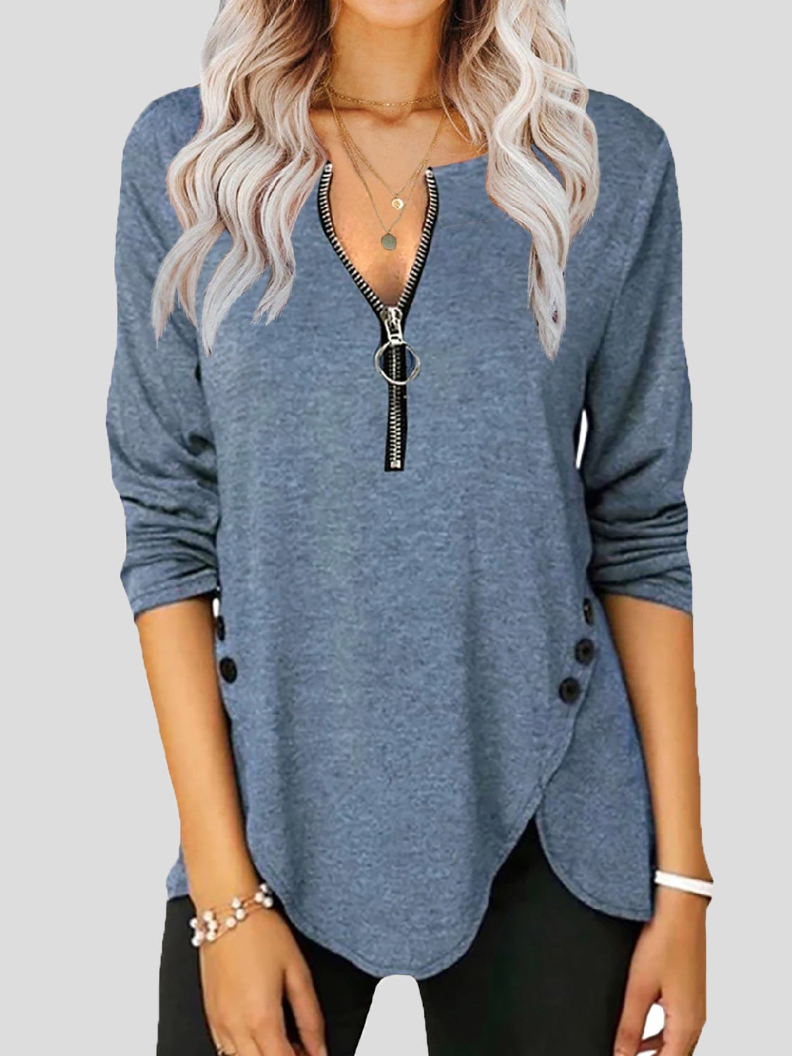 Women's T-Shirts V-Neck Zipper Button Long Sleeve T-Shirt - T-Shirts - Instastyled | Online Fashion Free Shipping Clothing, Dresses, Tops, Shoes - 20-30 - 28/12/2021 - color-blue