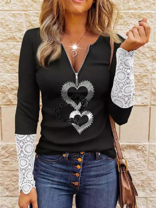 Women's T-Shirts V-Neck Zipper Lace Heart Long Sleeve T-Shirt - T-Shirts - Instastyled | Online Fashion Free Shipping Clothing, Dresses, Tops, Shoes - 30-40 - 30/12/2021 - color-black