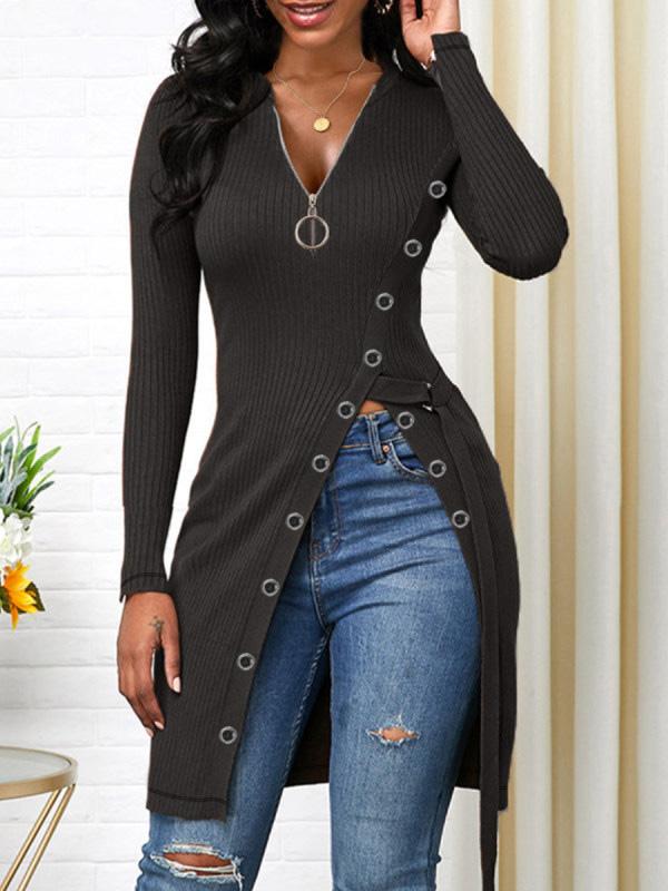 Women's T-Shirts V-Neck Zipper Long Sleeve High Slit T-Shirt - T-Shirts - INS | Online Fashion Free Shipping Clothing, Dresses, Tops, Shoes - 20-30 - 27/09/2021 - color-black