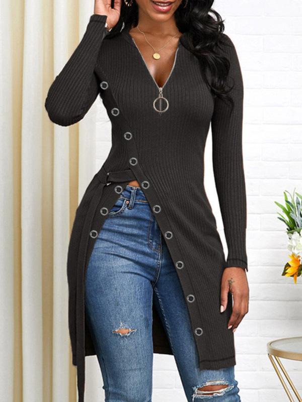 Women's T-Shirts V-Neck Zipper Long Sleeve High Slit T-Shirt - T-Shirts - INS | Online Fashion Free Shipping Clothing, Dresses, Tops, Shoes - 20-30 - 27/09/2021 - color-black