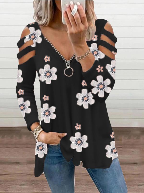 Women's T-Shirts V-Neck Zipper Off-Shoulder Long Sleeve Floral T-Shirt - T-Shirts - INS | Online Fashion Free Shipping Clothing, Dresses, Tops, Shoes - 08/10/2021 - 20-30 - color-black