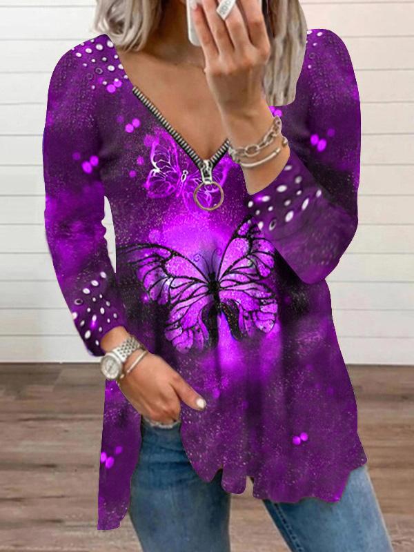 Women's T-Shirts V-Neck Zipper Pullover Pearl Print T-Shirt - T-Shirts - INS | Online Fashion Free Shipping Clothing, Dresses, Tops, Shoes - 10-20 - 18/09/2021 - Category_T-Shirts