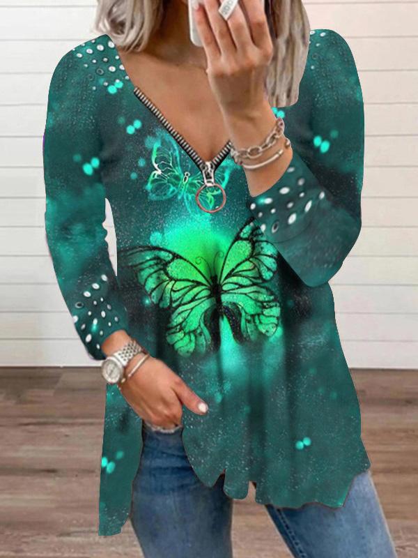 Women's T-Shirts V-Neck Zipper Pullover Pearl Print T-Shirt - T-Shirts - INS | Online Fashion Free Shipping Clothing, Dresses, Tops, Shoes - 10-20 - 18/09/2021 - Category_T-Shirts