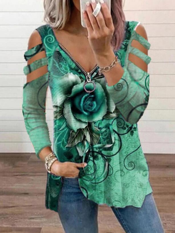 Women's T-Shirts V-Neck Zipper Rose Flower Long Sleeve T-Shirt - T-Shirts - INS | Online Fashion Free Shipping Clothing, Dresses, Tops, Shoes - 1/11/2021 - 20-30 - color-blue