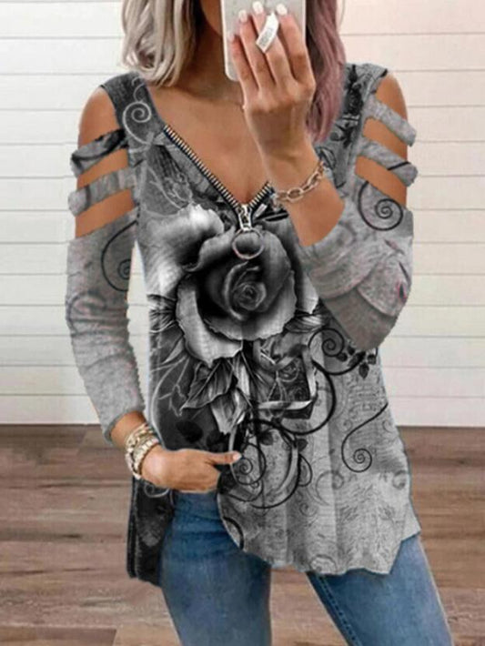 Women's T-Shirts V-Neck Zipper Rose Flower Long Sleeve T-Shirt - T-Shirts - INS | Online Fashion Free Shipping Clothing, Dresses, Tops, Shoes - 1/11/2021 - 20-30 - color-blue